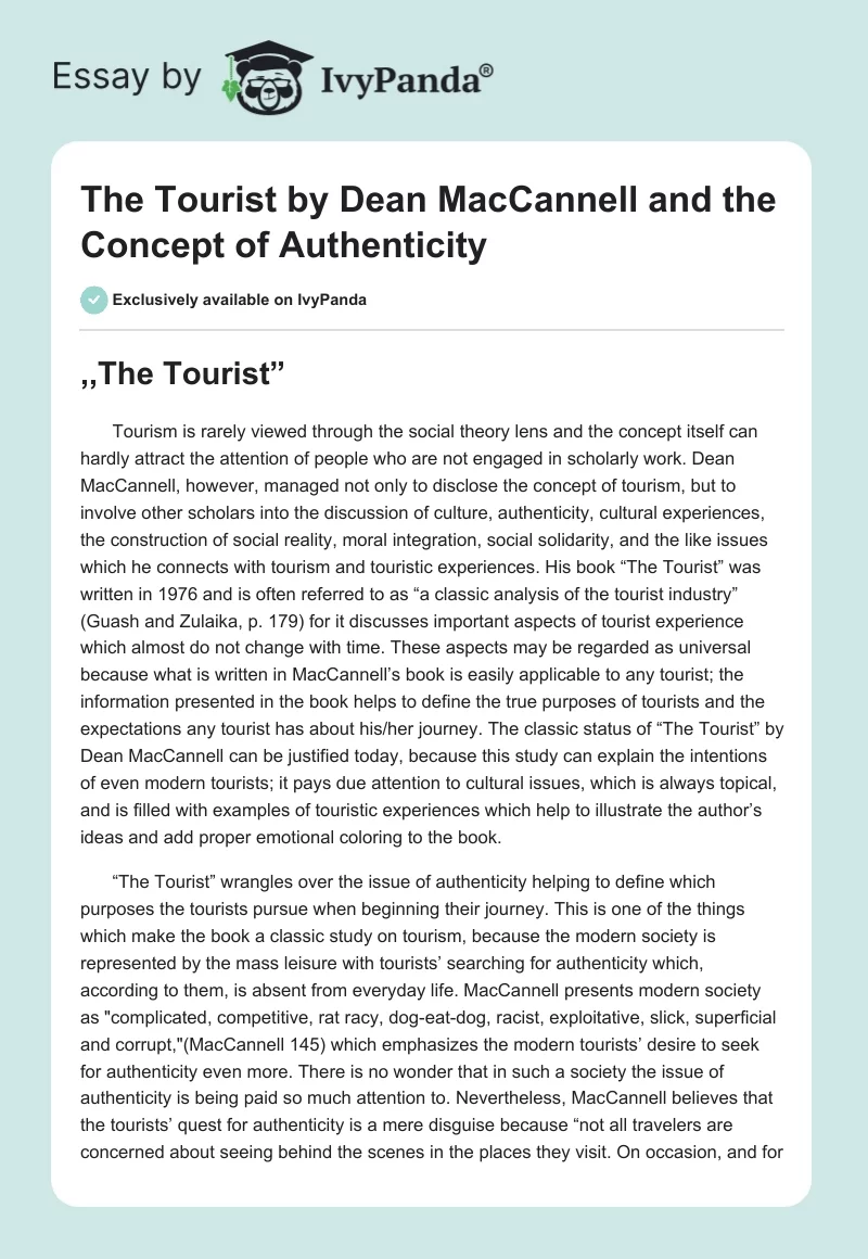 "The Tourist" by Dean MacCannell and the Concept of Authenticity. Page 1