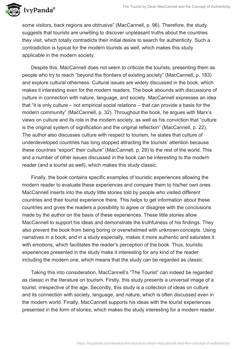 "The Tourist" by Dean MacCannell and the Concept of Authenticity. Page 2