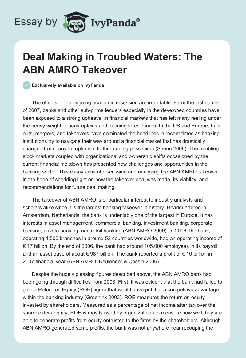 Deal Making in Troubled Waters: The ABN AMRO Takeover. Page 1