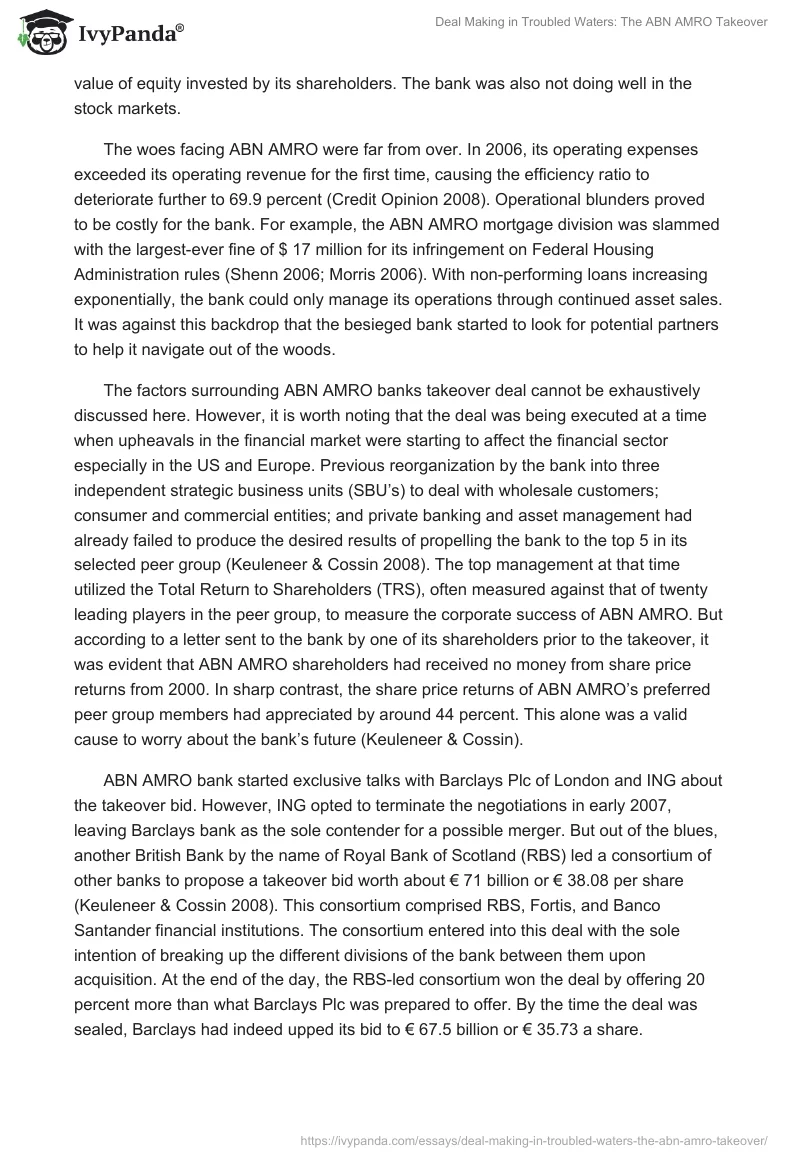 Deal Making in Troubled Waters: The ABN AMRO Takeover. Page 2
