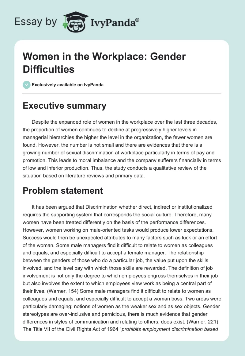 Women in the Workplace: Gender Difficulties. Page 1