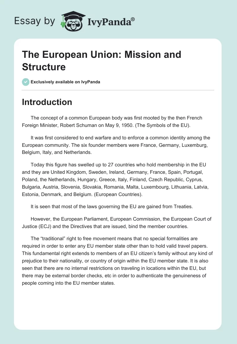 The European Union: Mission and Structure. Page 1