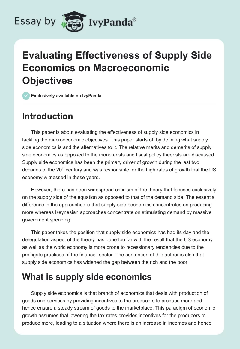 Evaluating Effectiveness of Supply Side Economics on Macroeconomic Objectives. Page 1