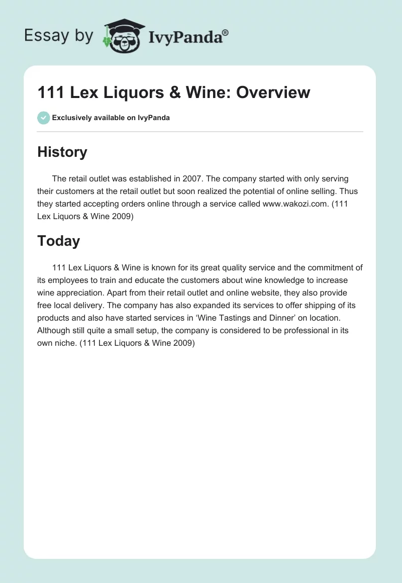111 Lex Liquors & Wine: Overview. Page 1