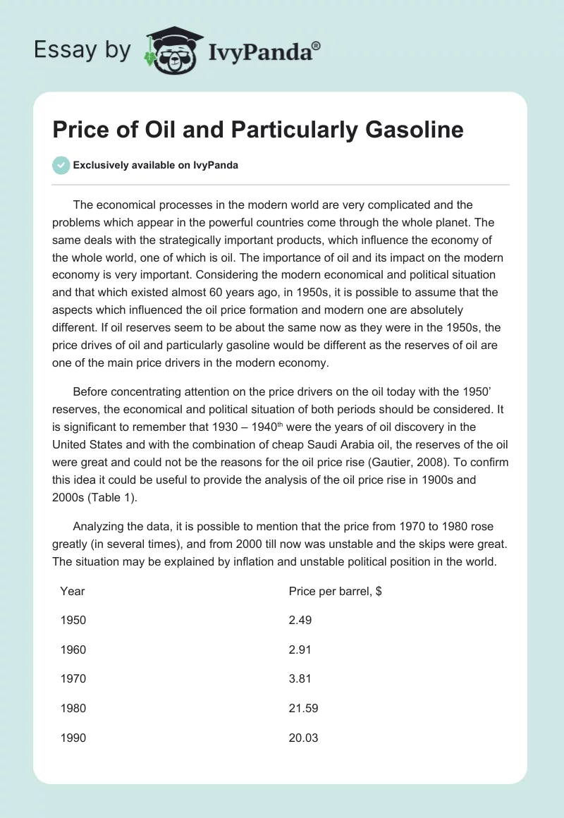 Price of Oil and Particularly Gasoline. Page 1
