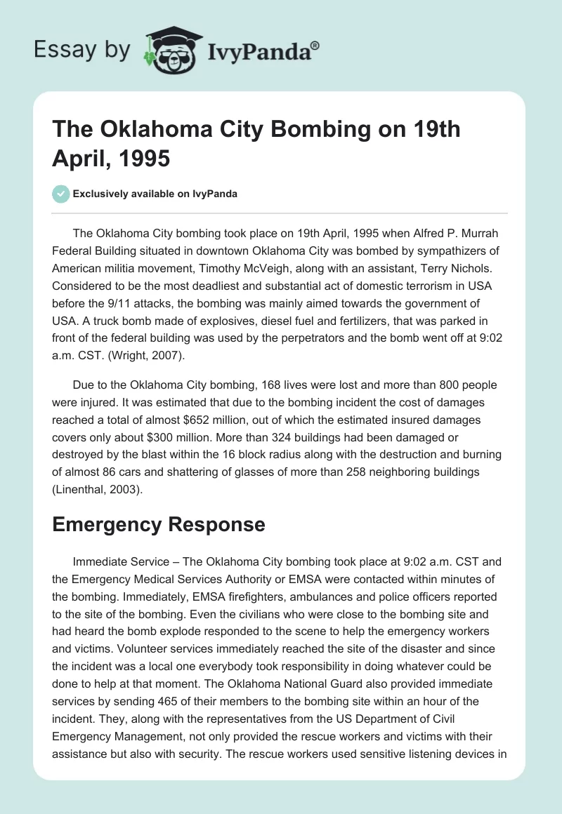 The Oklahoma City Bombing on 19th April, 1995. Page 1