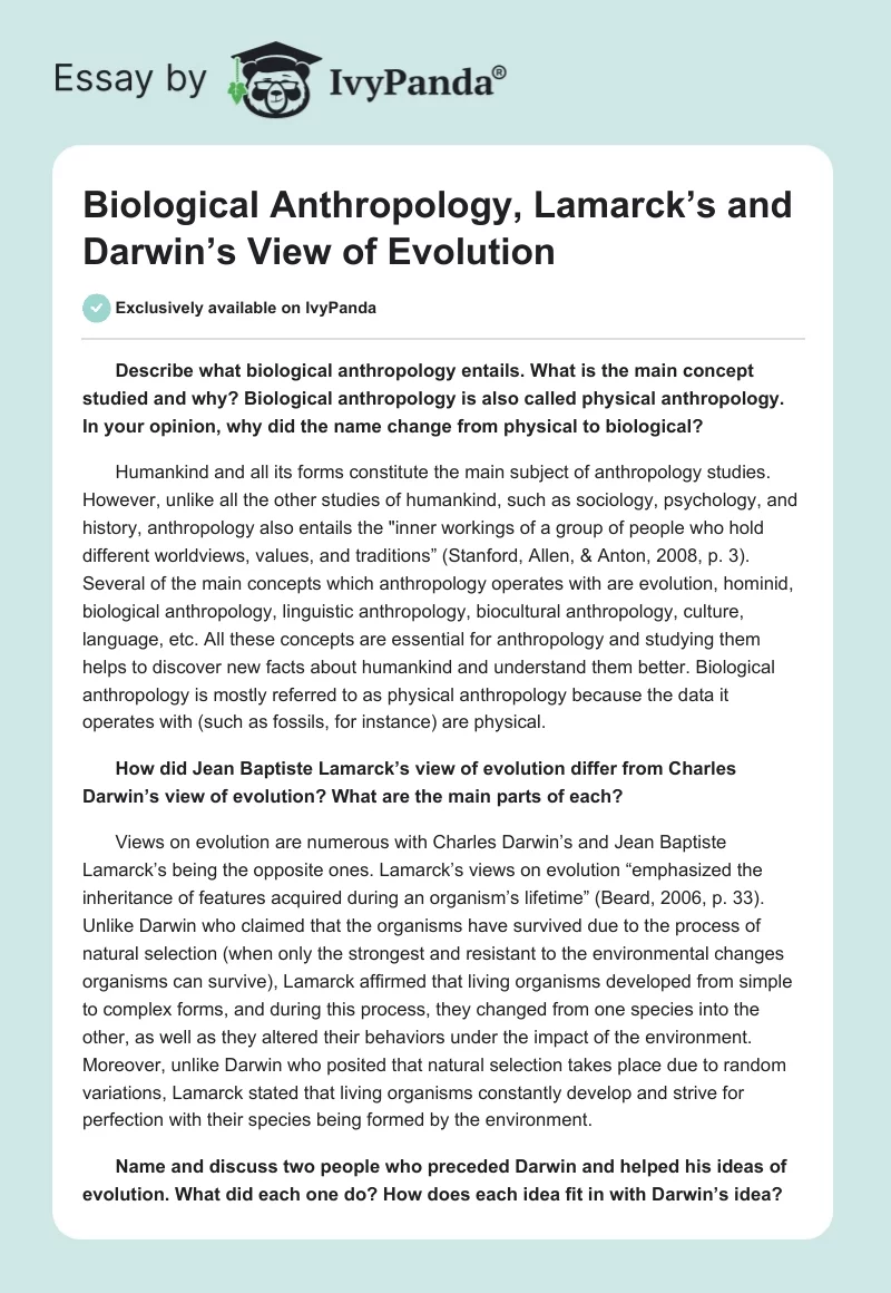 Biological Anthropology, Lamarck’s and Darwin’s View of Evolution. Page 1