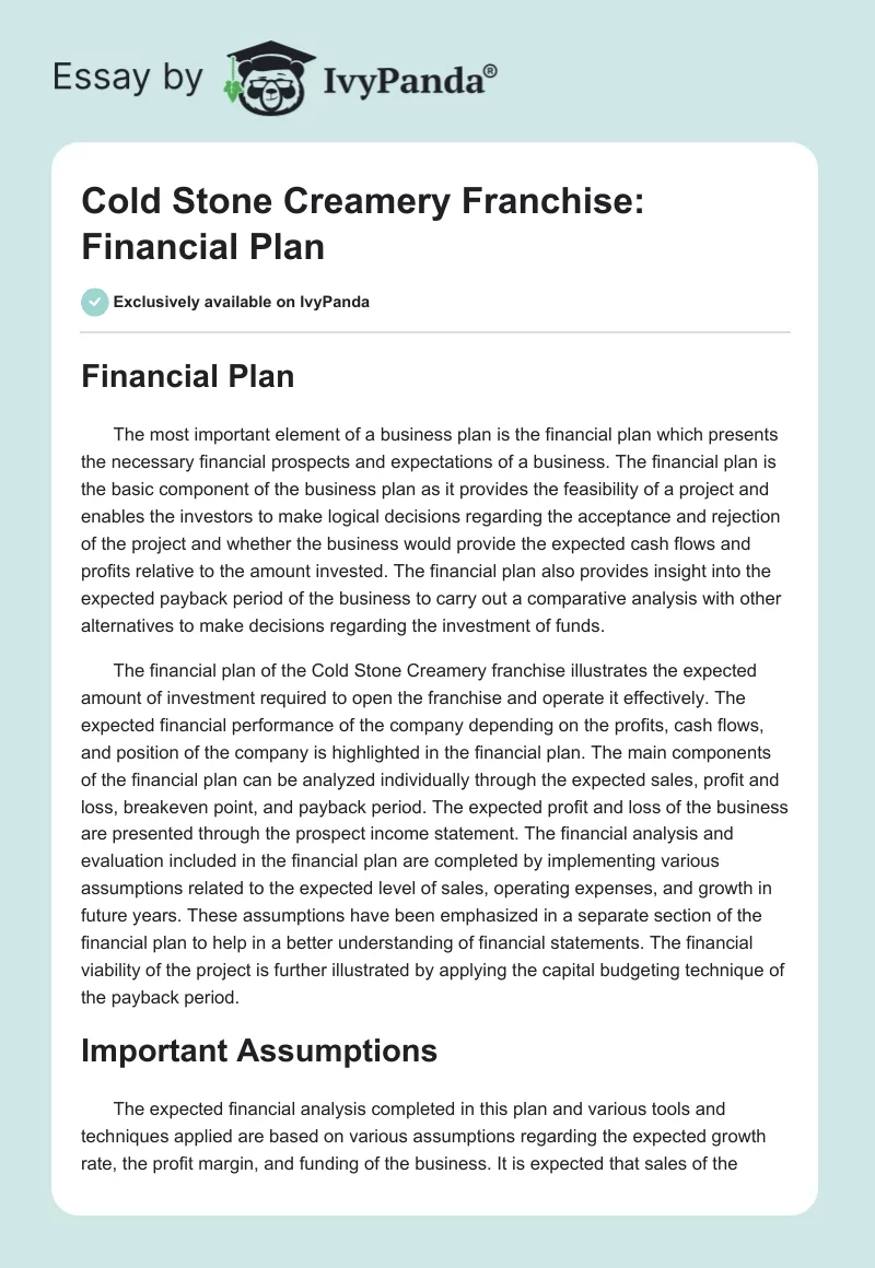 Cold Stone Creamery Franchise: Financial Plan. Page 1