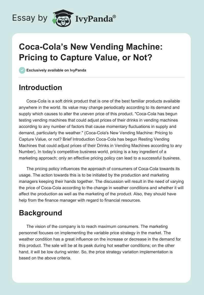 Coca-Cola’s New Vending Machine: Pricing to Capture Value, or Not?. Page 1