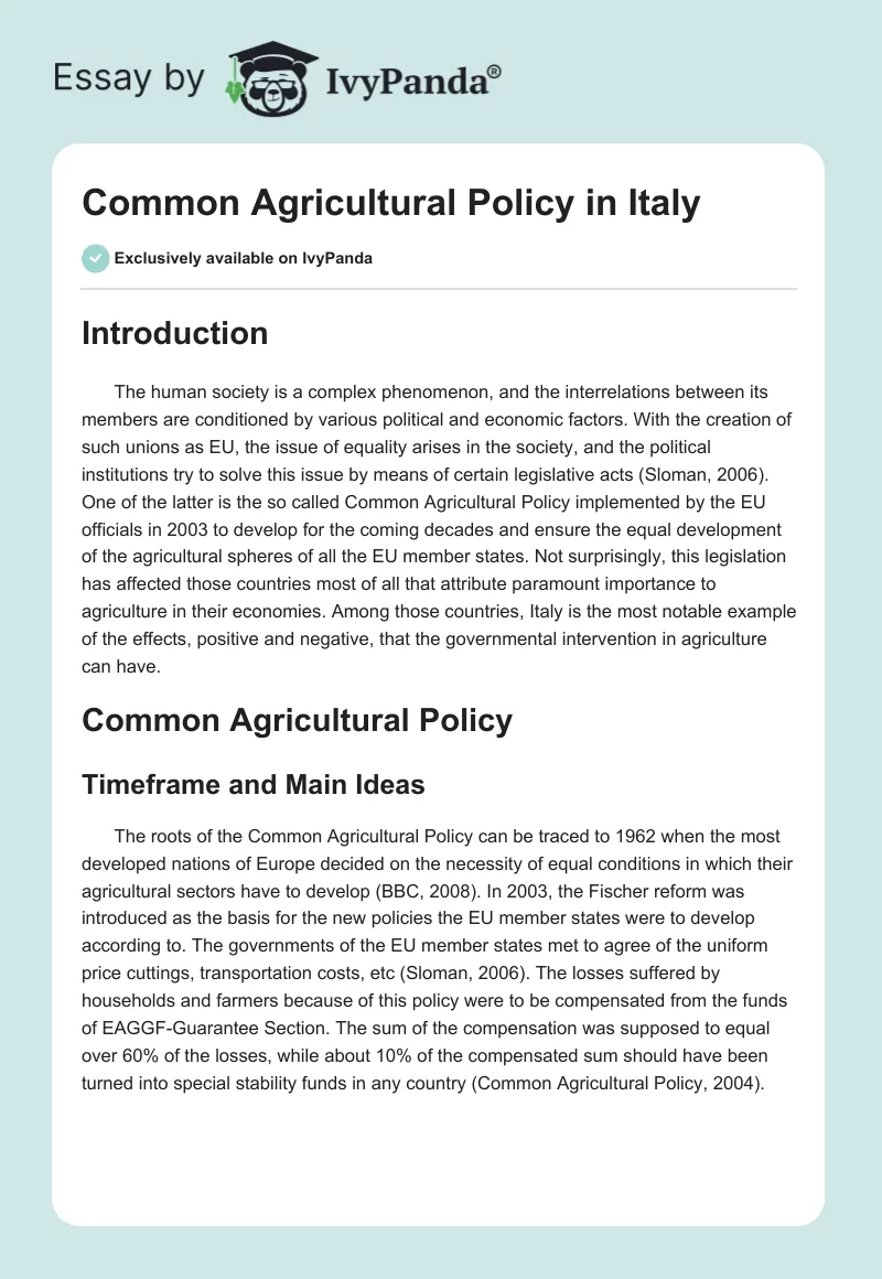 Common Agricultural Policy in Italy. Page 1