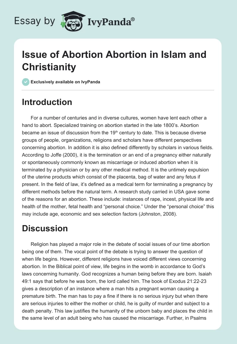 Issue of Abortion Abortion in Islam and Christianity. Page 1