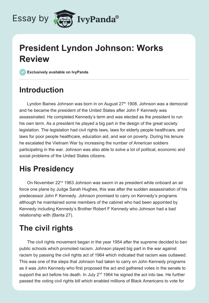 President Lyndon Johnson: Works Review. Page 1
