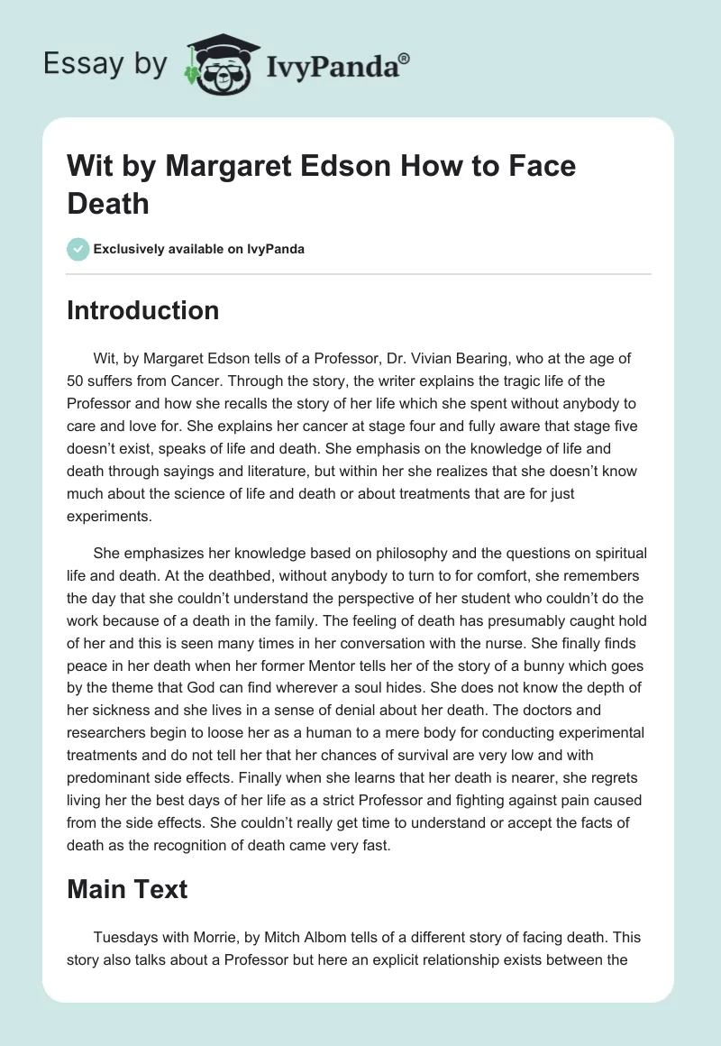 Wit by Margaret Edson How to Face Death. Page 1