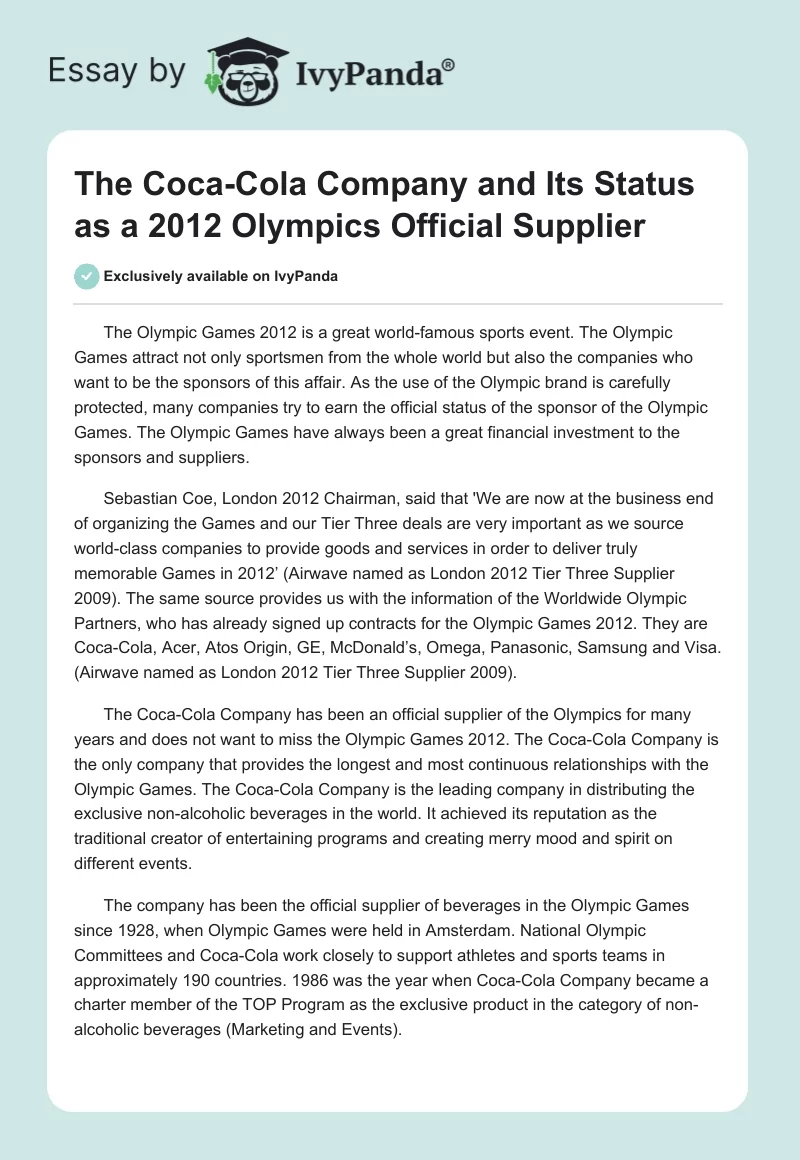 The Coca-Cola Company and Its Status as a 2012 Olympics Official Supplier. Page 1