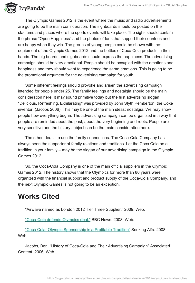 The Coca-Cola Company and Its Status as a 2012 Olympics Official Supplier. Page 4