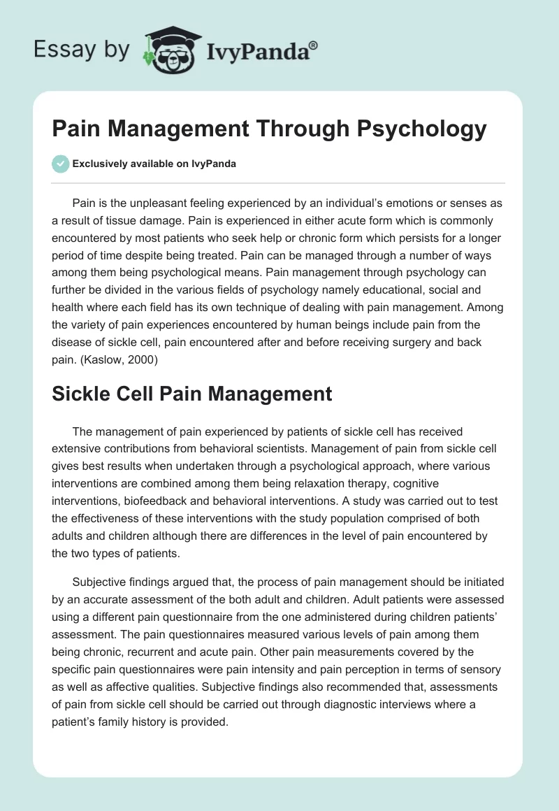 Pain Management Through Psychology. Page 1
