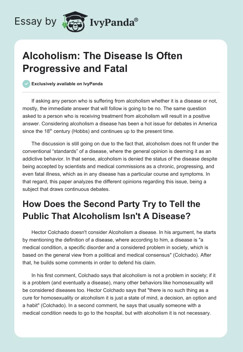 Alcoholism: The Disease Is Often Progressive and Fatal. Page 1