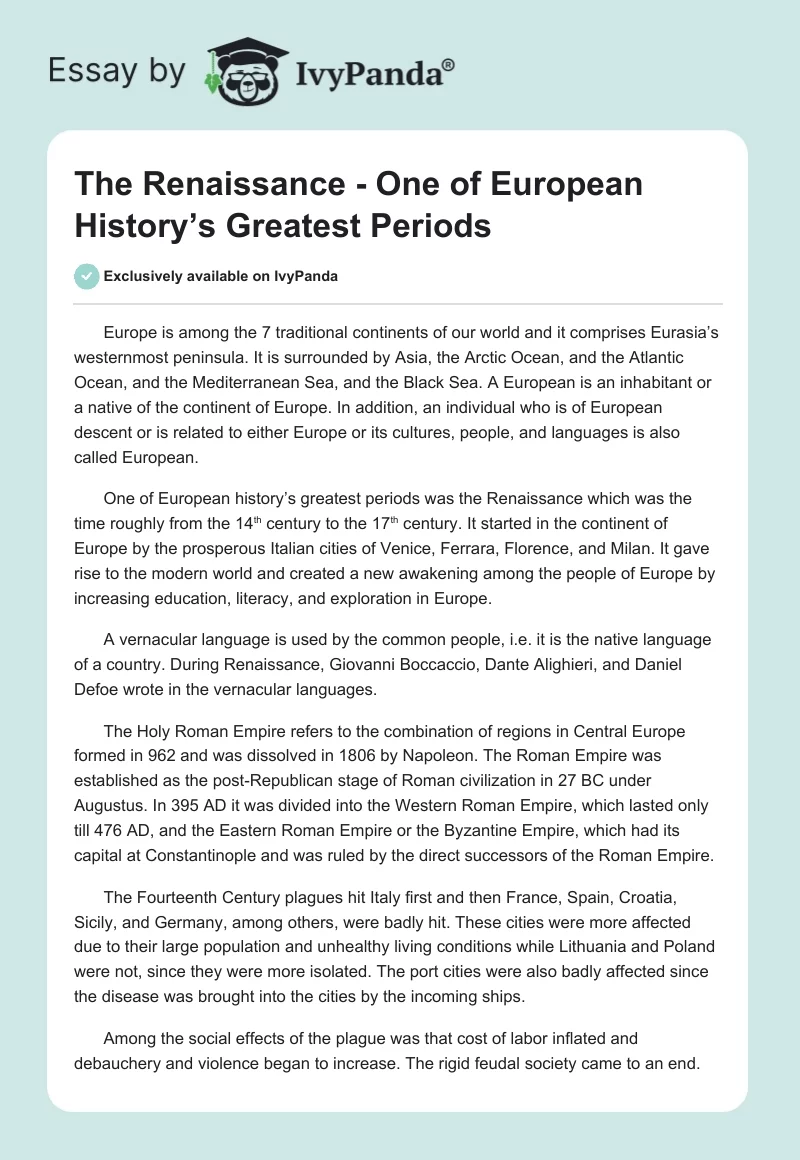 The Renaissance - One of European History’s Greatest Periods. Page 1