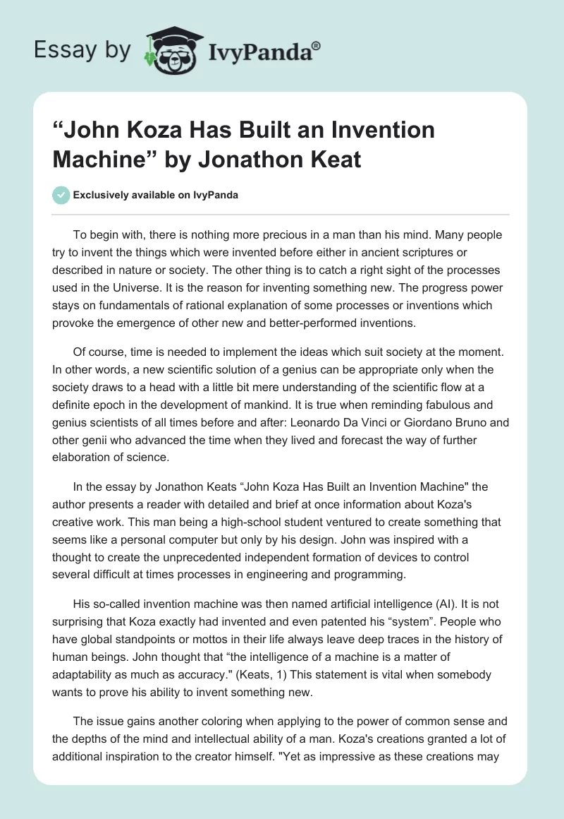 “John Koza Has Built an Invention Machine” by Jonathon Keat. Page 1