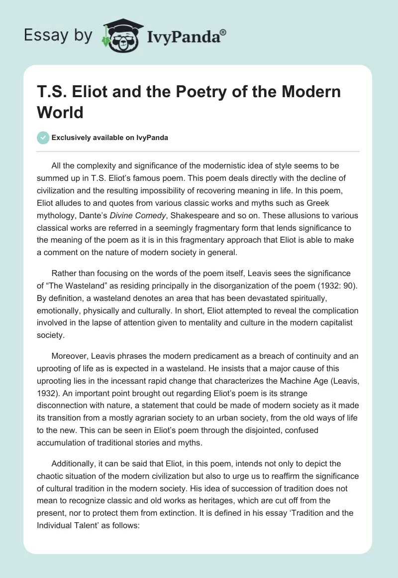 T.S. Eliot and the Poetry of the Modern World. Page 1