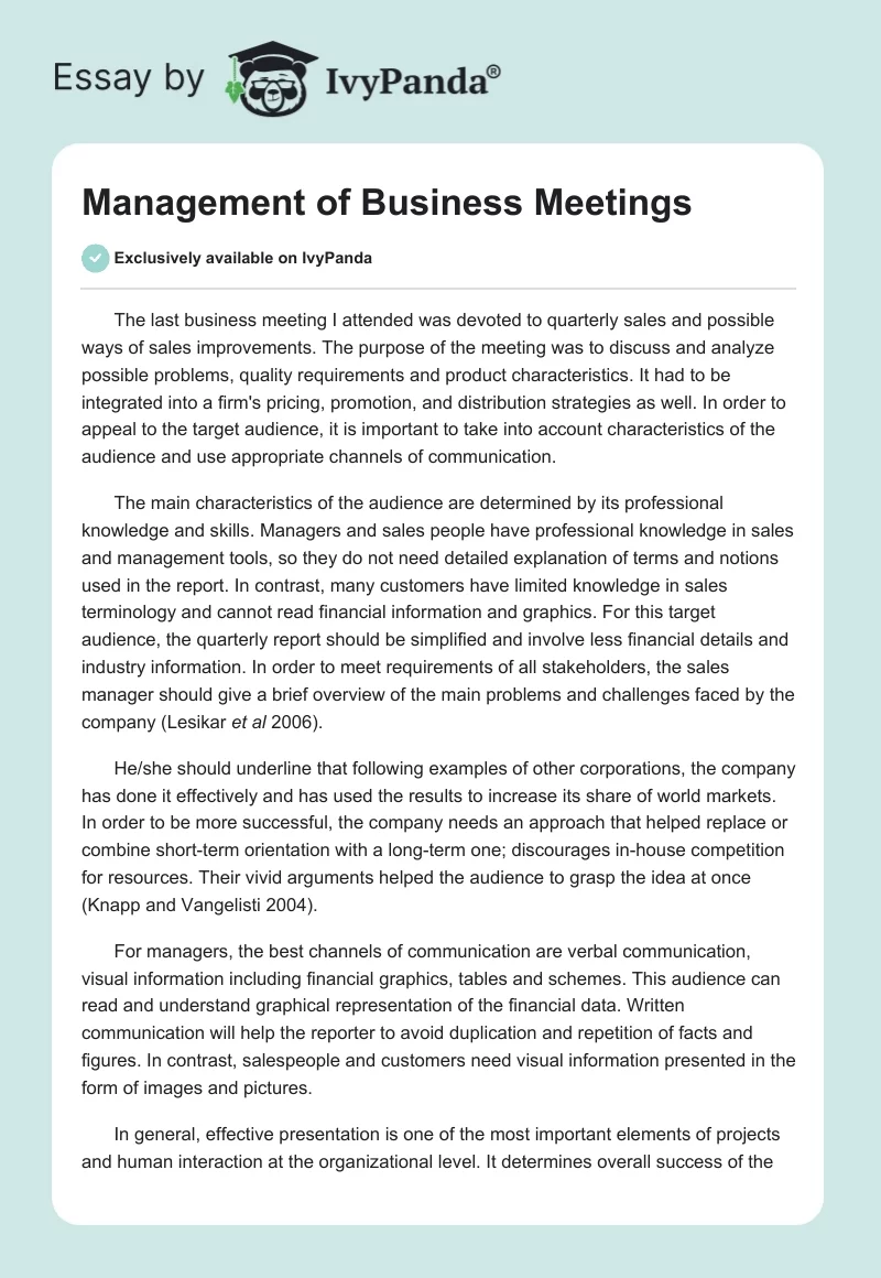 Management of Business Meetings. Page 1