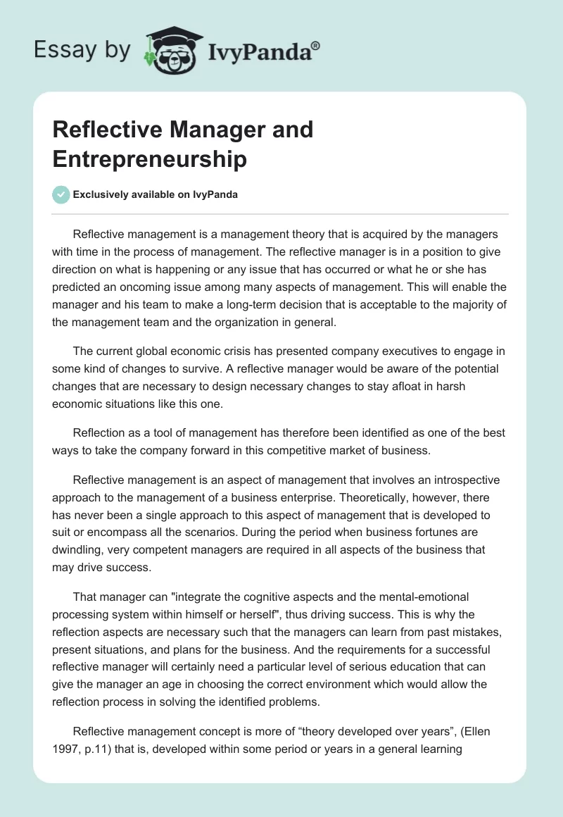 Reflective Manager and Entrepreneurship. Page 1