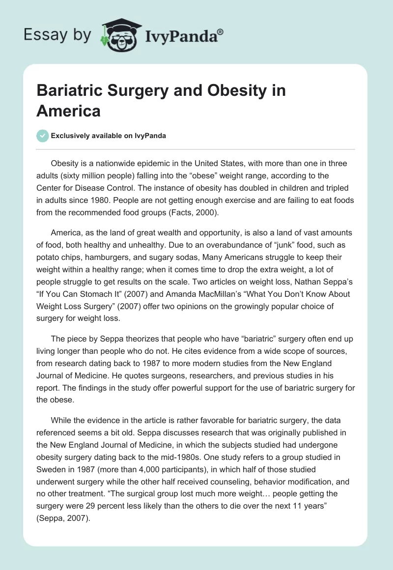 Bariatric Surgery and Obesity in America. Page 1