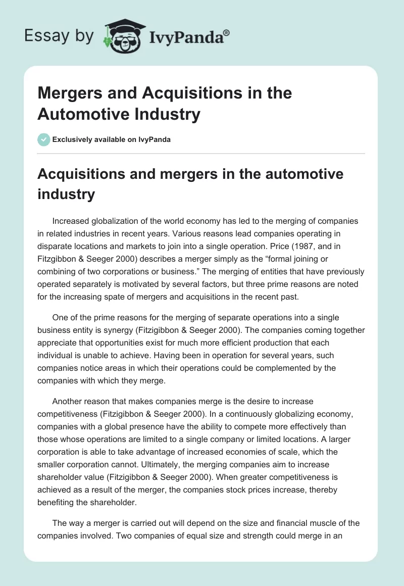 Mergers and Acquisitions in the Automotive Industry. Page 1
