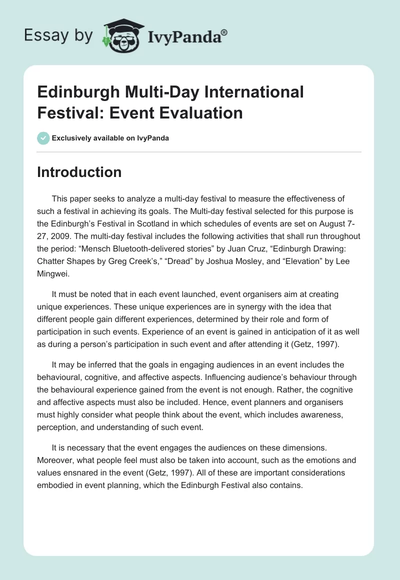 Edinburgh Multi-Day International Festival: Event Evaluation. Page 1