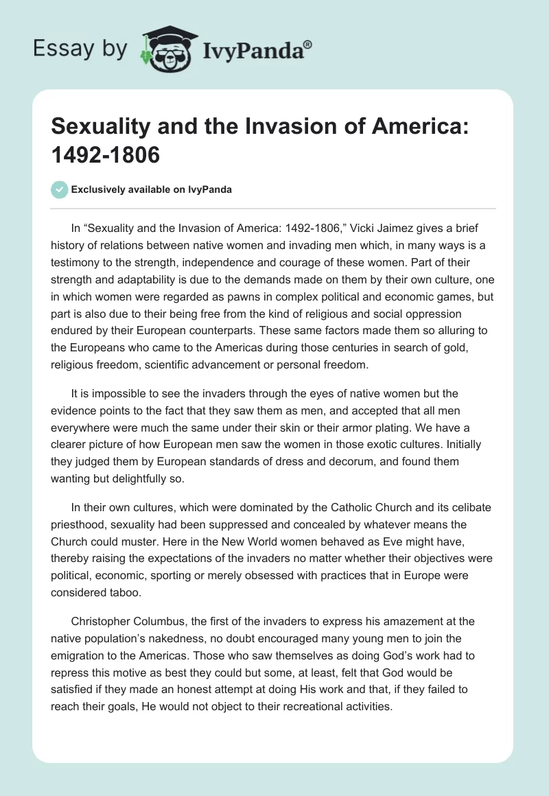Sexuality and the Invasion of America: 1492-1806. Page 1
