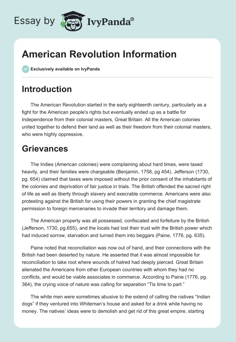 American Revolution Information. Page 1