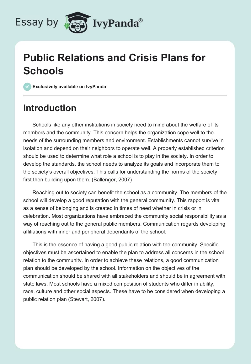 Public Relations and Crisis Plans for Schools. Page 1