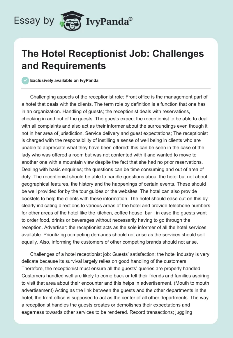 The Hotel Receptionist Job: Challenges and Requirements. Page 1