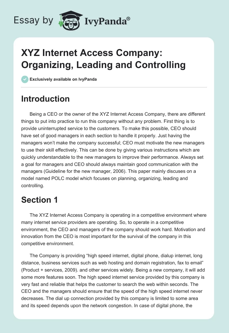 XYZ Internet Access Company: Organizing, Leading and Controlling. Page 1