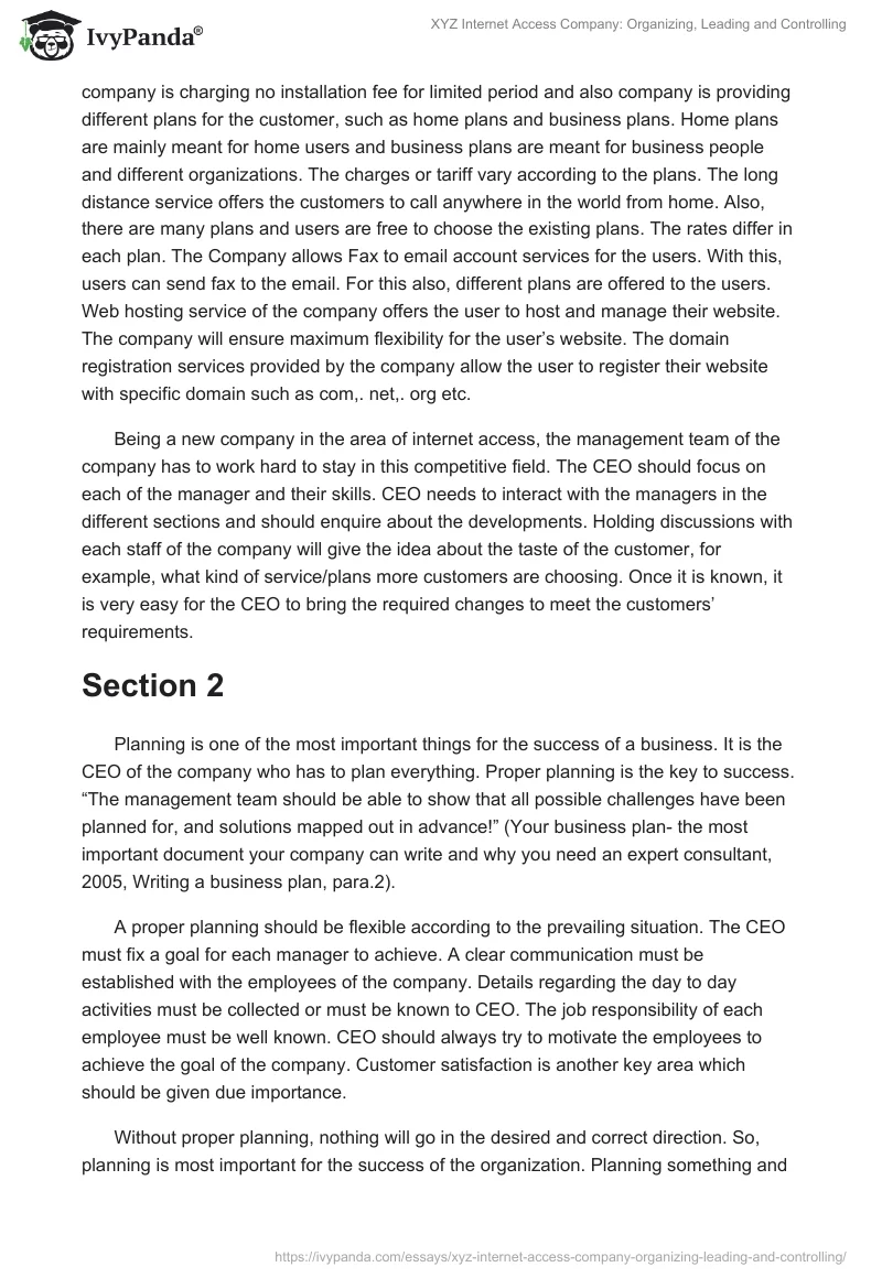 XYZ Internet Access Company: Organizing, Leading and Controlling. Page 2