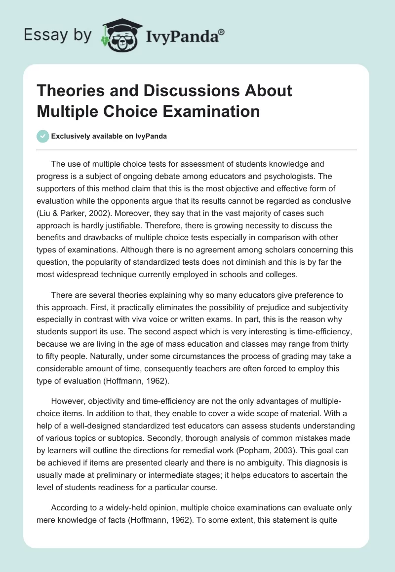 Theories and Discussions About Multiple Choice Examination. Page 1
