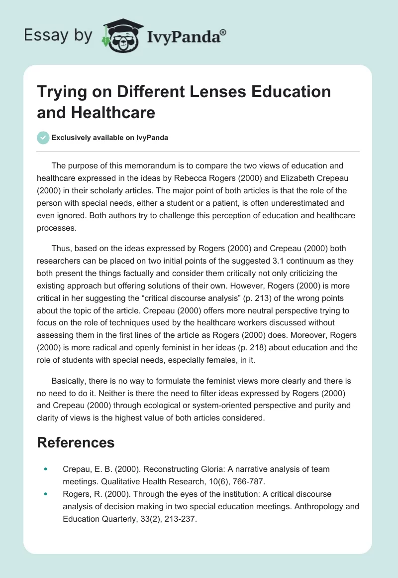Trying on Different Lenses Education and Healthcare. Page 1