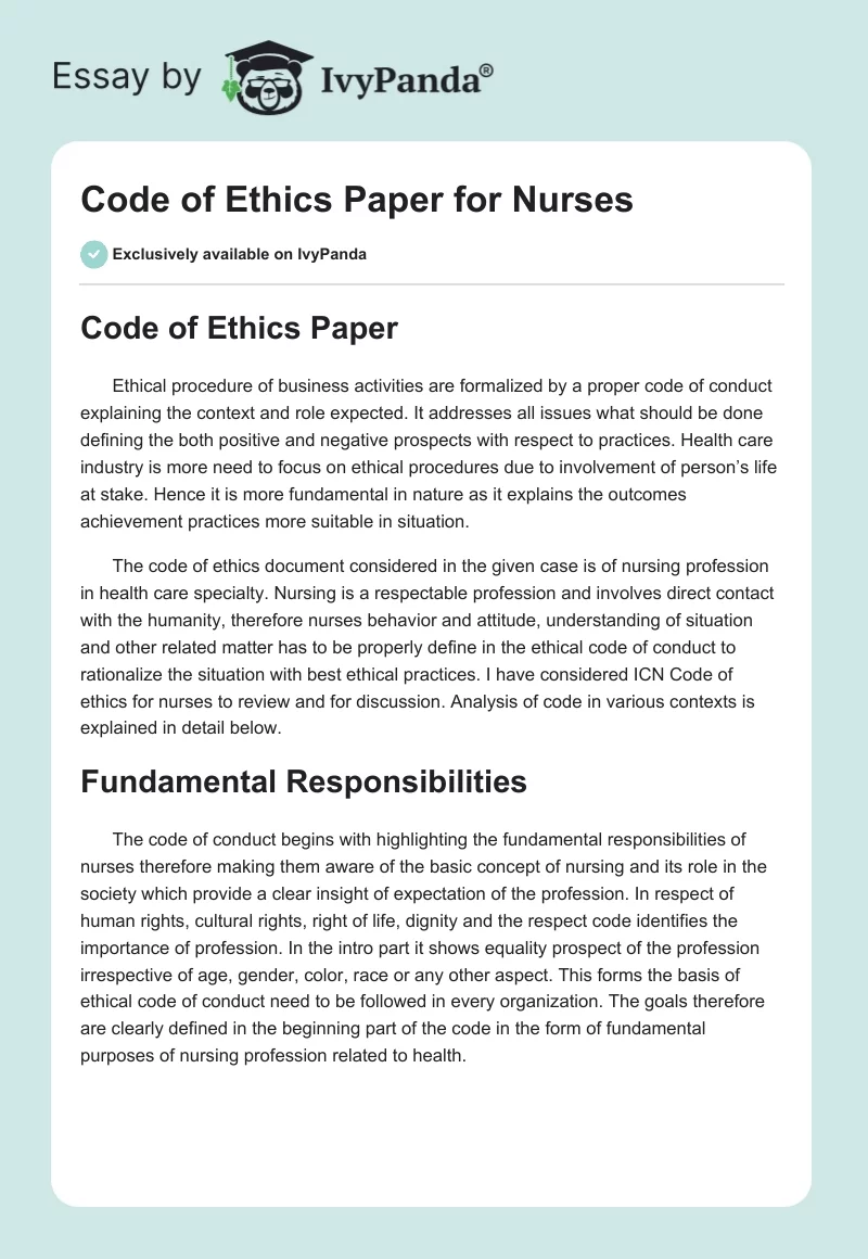Code of Ethics Paper for Nurses. Page 1
