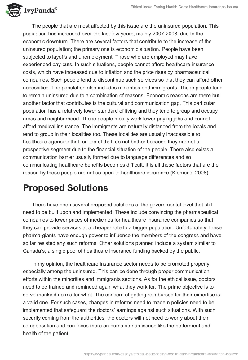 Ethical Issue Facing Health Care: Healthcare Insurance Issues. Page 2