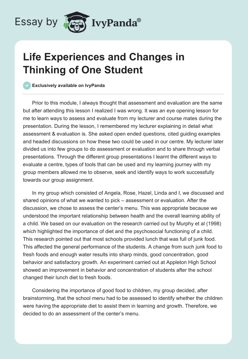 Life Experiences and Changes in Thinking of One Student. Page 1