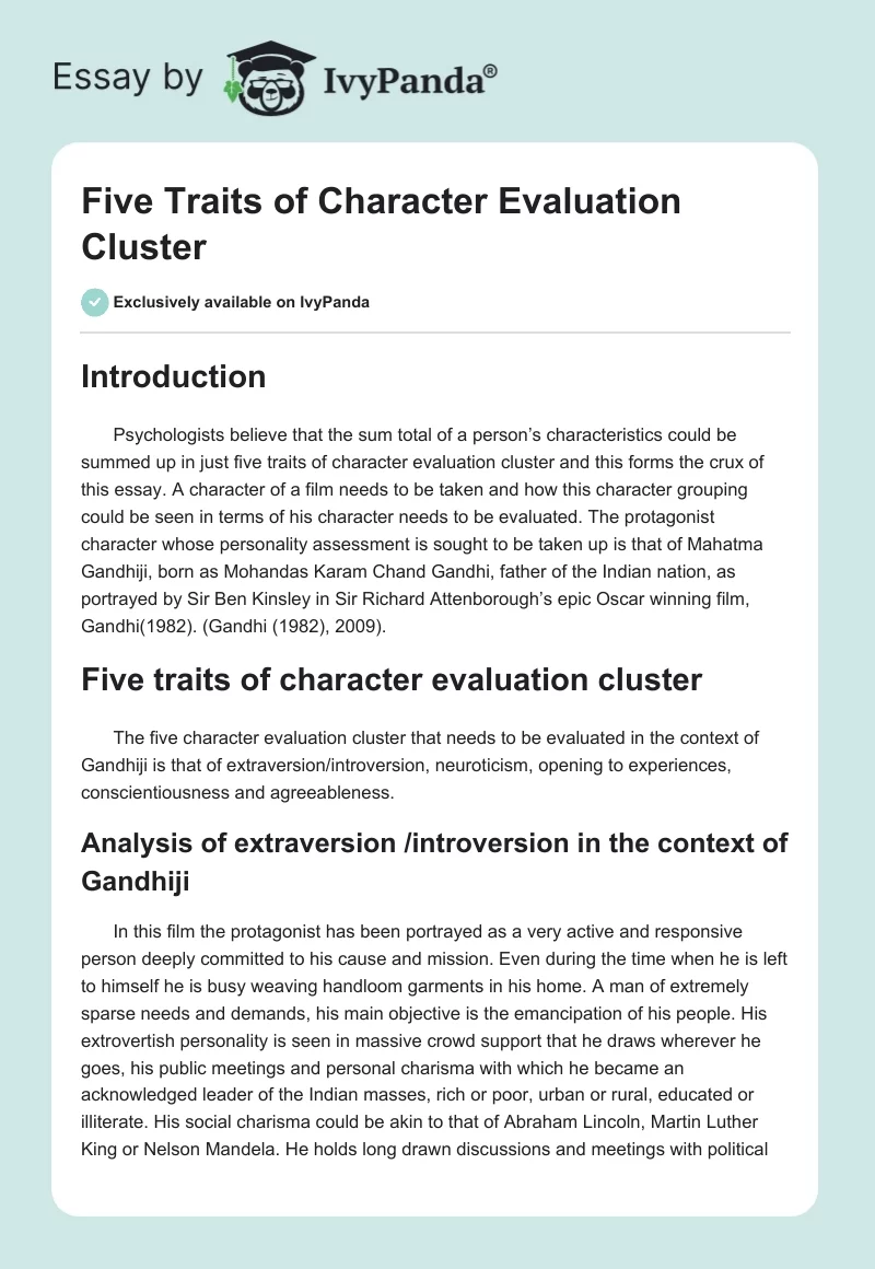 Five Traits of Character Evaluation Cluster. Page 1