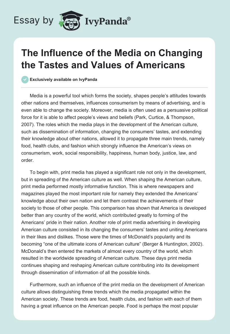The Influence of the Media on Changing the Tastes and Values ​​of Americans. Page 1