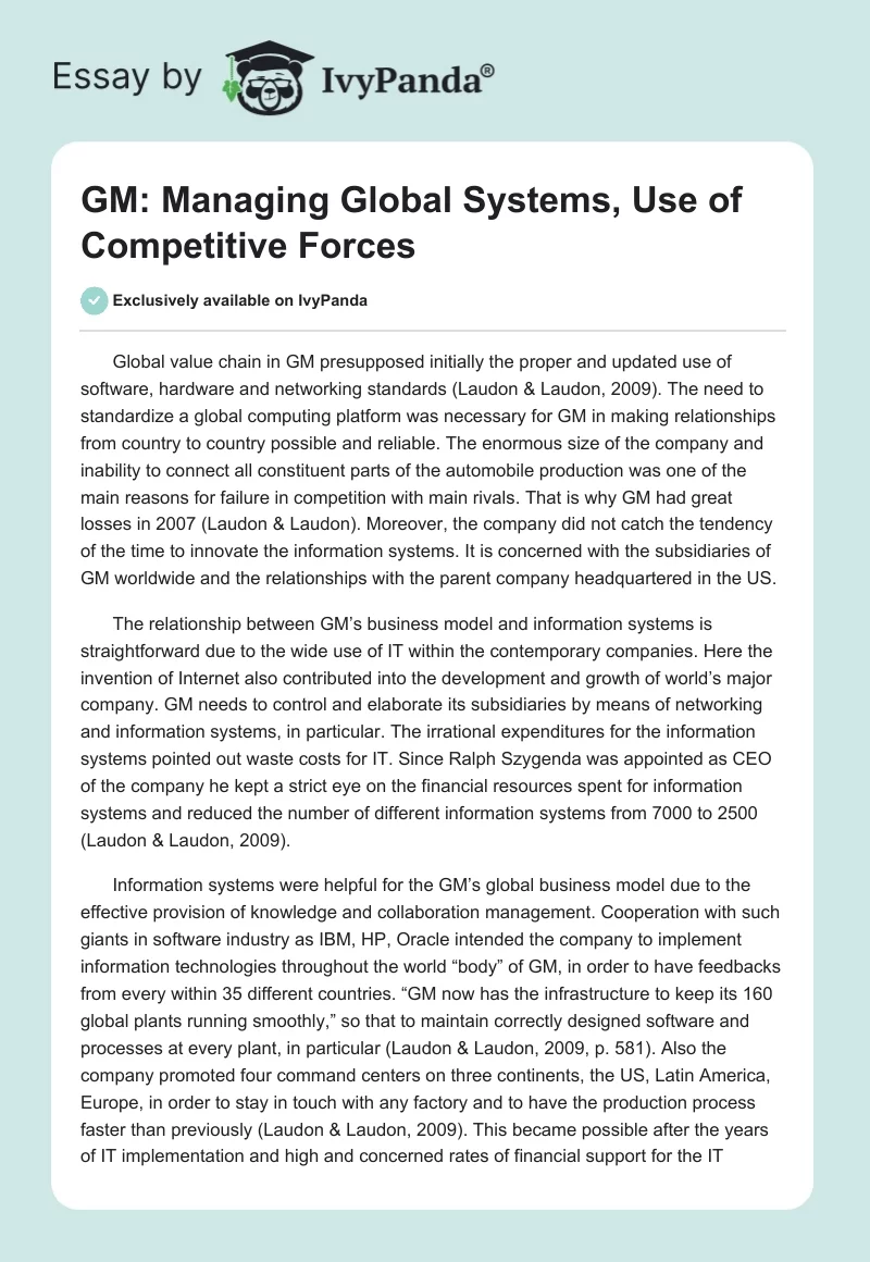 GM: Managing Global Systems, Use of Competitive Forces. Page 1