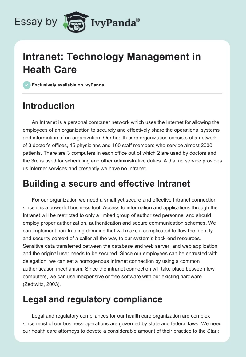 Intranet: Technology Management in Heath Care. Page 1