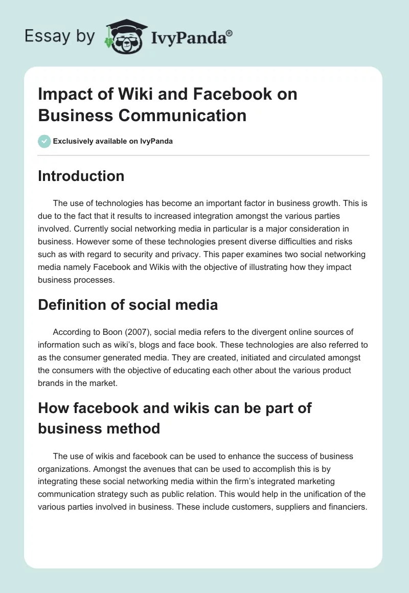Impact of Wiki and Facebook on Business Communication. Page 1