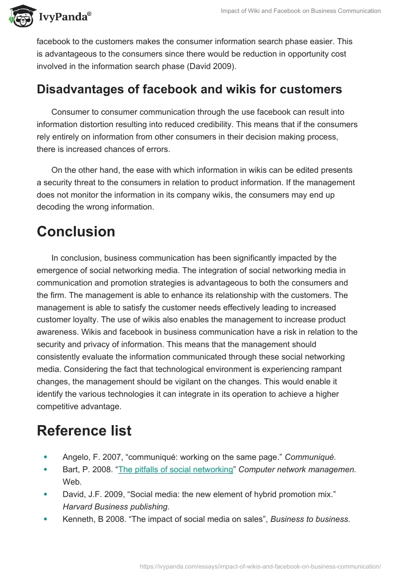 Impact of Wiki and Facebook on Business Communication. Page 4