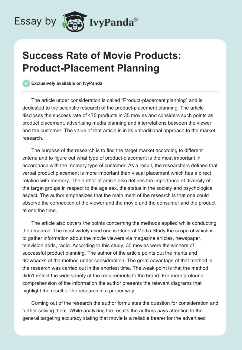 Success Rate of Movie Products: Product-Placement Planning. Page 1