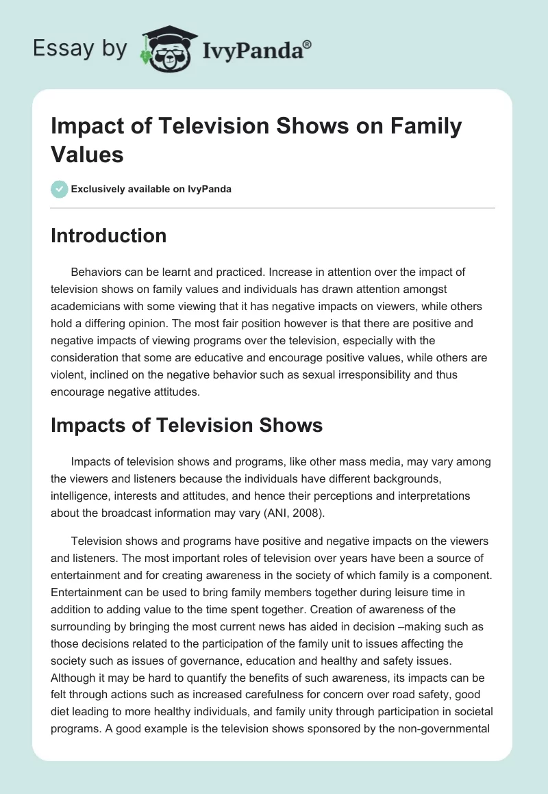 Impact of Television Shows on Family Values. Page 1