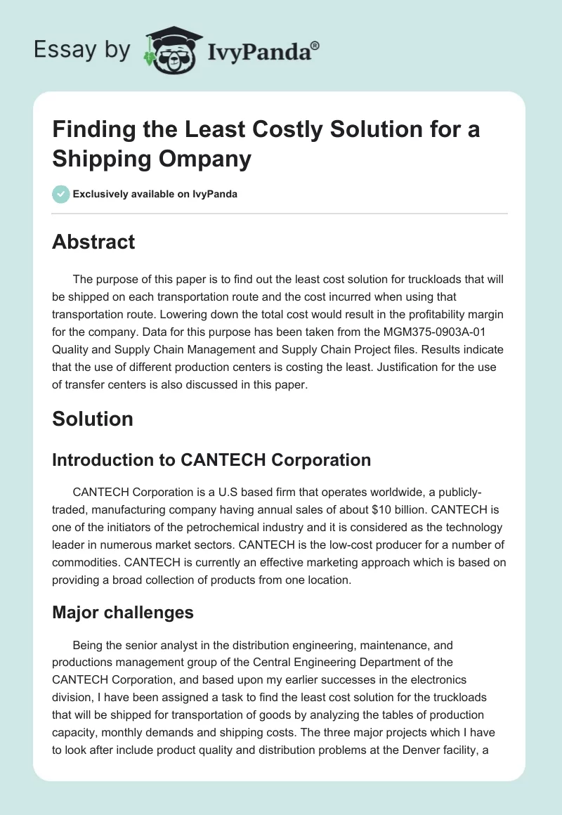 Finding the Least Costly Solution for a Shipping Ompany. Page 1