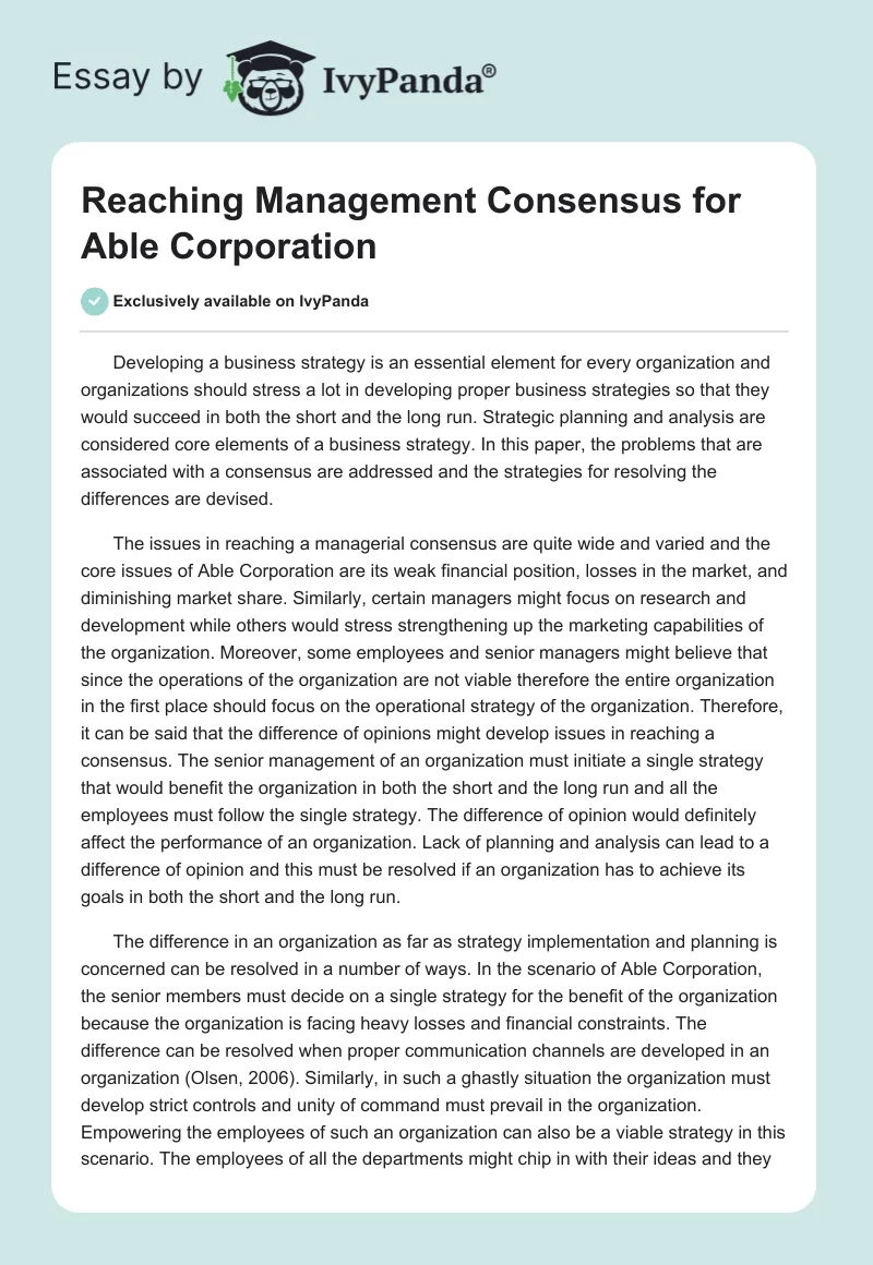 Reaching Management Consensus for Able Corporation. Page 1